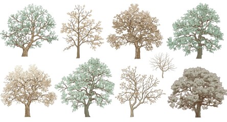 Obraz premium Range of textured tree drawings using doodle style branches and foliage on white background with green and brown highlights