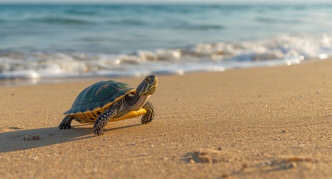 Perky young turtle walking on warm sand towards ocean