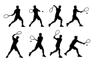 Silhouettes of male tennis players in action poses.