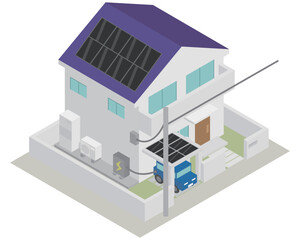 アイソメトリックなカーポートに太陽光パネルのあるエネルギーの自給自足の家をイメージした素材