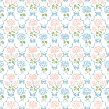 Floral grandmillennial seamless pattern with blue and pink hydrangea, bows, ribbon. Preppy cottagecore trellis print. Vector floral wallpaper, retro repeat background, textile design, vintage paper.