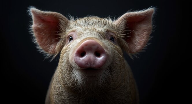 Close-up view of Kune Kune pig's expressive face and fur texture with a dark and subtle background