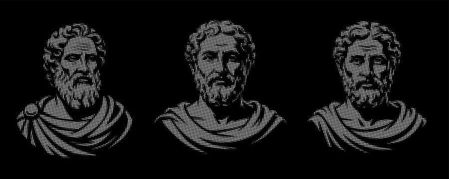 Pop Art Halftone Philosophers - Ancient Greek Roman Bust Statues on Black Background