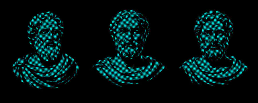 Cyan Halftone Philosophers - Pop Art Ancient Greek Roman Bust Statues on Black