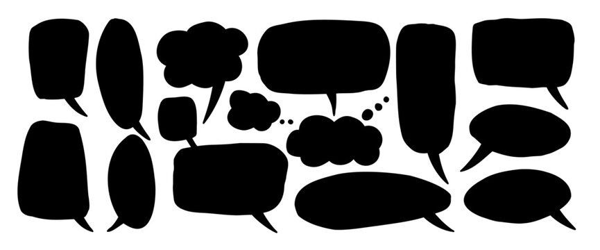 Hand-drawn silhouette speech bubbles set. Doodle black simple frames for comic dialog and chat design. Vector collage cutout flat speech text boxes set isolated no background.