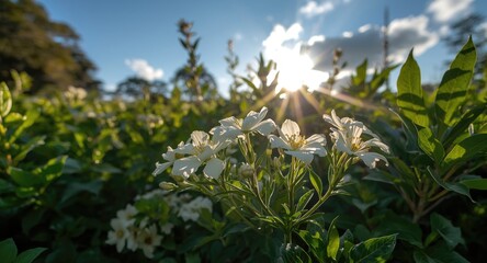 Obraz premium Glowing sun shining on fully bloomed white flowers amid rich greenery
