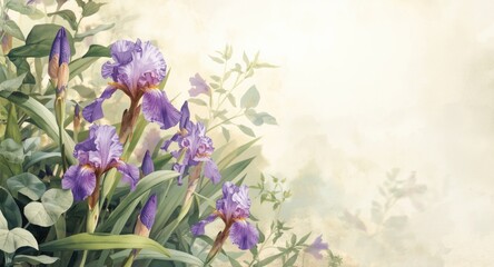 Obraz premium Tranquil watercolor depiction of purple iris blossoms surrounded by dense foliage