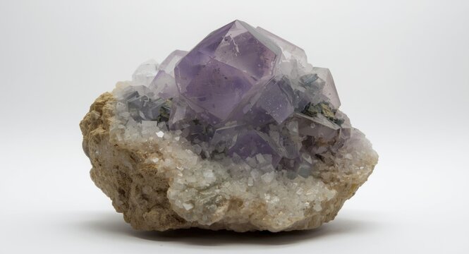Imposing fluorite mineral chunk complete with calcite surrounded by mixed stones displayed at mineral show with white background