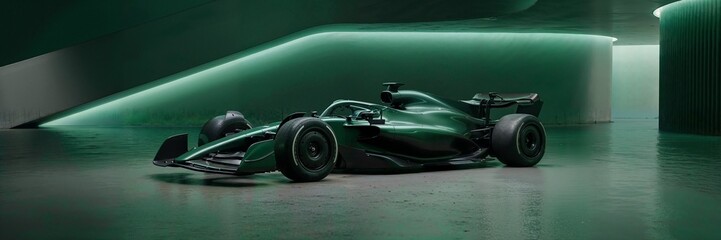 Dark green formula race car in minimal green illuminated interior. Concept of motorsport branding asset, premium automotive showcase, and performance focused advertising content.