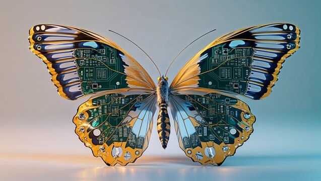 Butterfly with circuit board wings on clean background, cyber nature evolution and biotechnology innovation concept