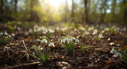 Snowdrop blooms scattered across woodland soil in a bright spring forest