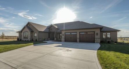 Spacious modern American house with a concrete driveway and double garage doors