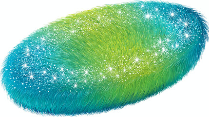 Obraz premium A fluffy, oval-shaped digital art piece in green and blue, speckled with white starbursts