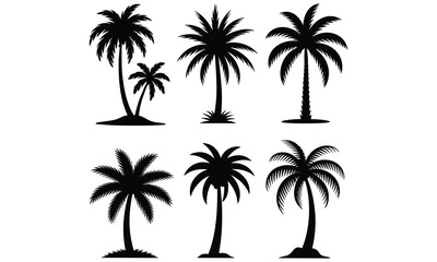 Obraz premium Collection of six black silhouette palm trees in various poses against a white background for graphic design use