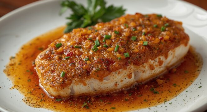 Atlantic wolffish steak coated in a flavorful spice mix