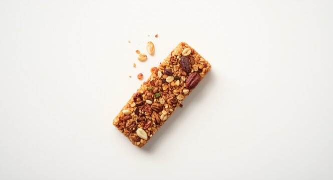 Overhead shot of granola bar on clean white background including copy space for text