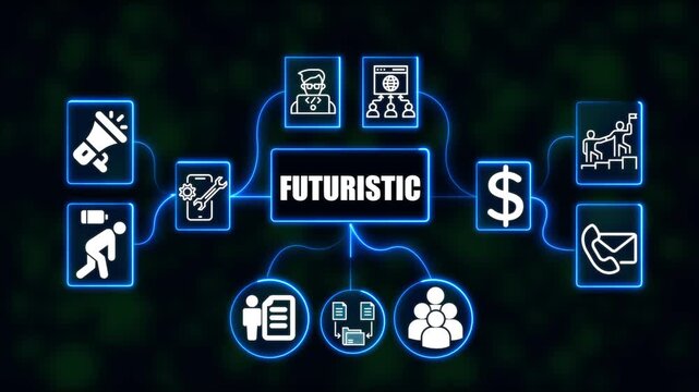 Futuristic Process Concept with Neon Business and Technology Icons, Data Transfer, Marketing and Network Connection Animation on Dark Background