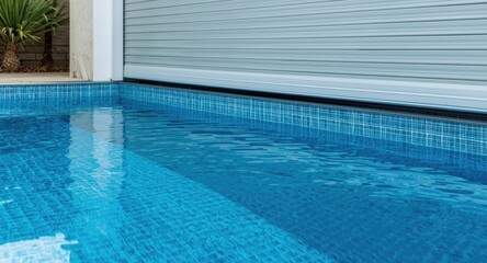 Tight shot of water pool roller shutter cover ensuring heat and safety