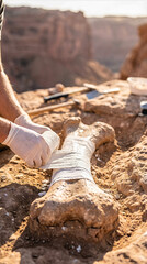 Paleontologist hands wrapping a dinosaur fossil bone in plaster. Vertical photo of field excavation and preservation.