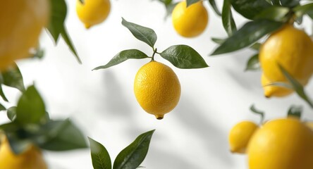 Detailed visualization of lemons and leaves suspended in midair on a white background