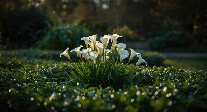 Peaceful spring garden filled with arum lilies bathed in soft morning glow and copy space