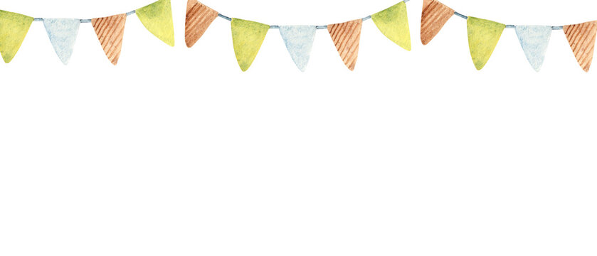 Bunting Party Flags, Birthday Garland banner, horizontal frame, border. Hand drawn Watercolor illustration of orange, green and blue colored Pennants in Vintage style isolated on a white background