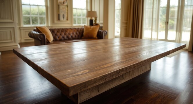 Rectangular wooden table topped with plush brown leather sofa in elegant room