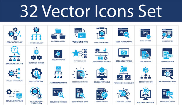 Software development solid icons set. Collection of code workflow, version sync, bug detection, repository sync, deployment pipeline, code refactoring and system optimization icons.