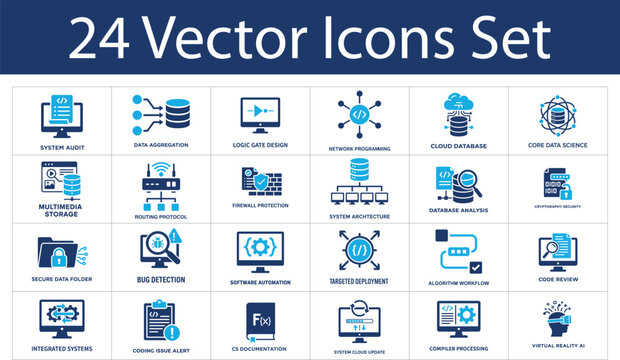 Network and database technology solid icons set. Collection of system audit, data aggregation, cloud database, firewall protection, database analysis and compiler processing icons.