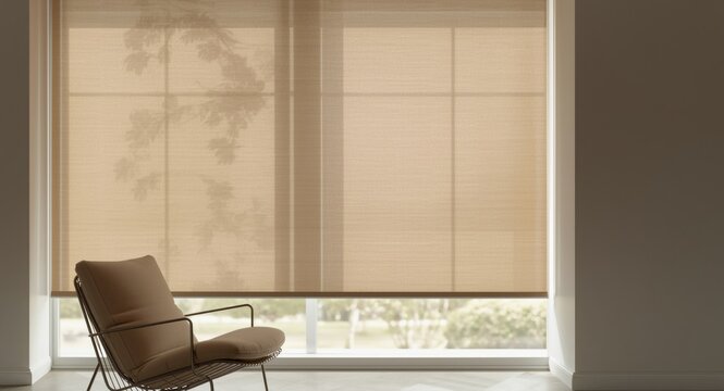 Smart home room outfitted with beige automated roller blinds providing blackout and sunscreen functionality and accented by a designer chair