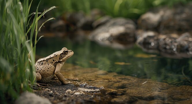 Common toad Bufo bufo amphibian near pond edge