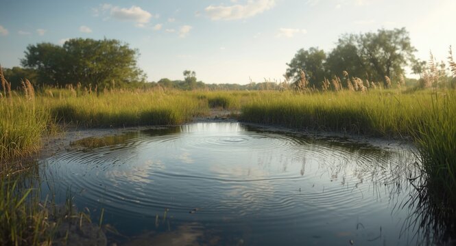 Peaceful wetland landscape with water filled natural tar pit reflecting sky, encompassed by tall grass and trees
