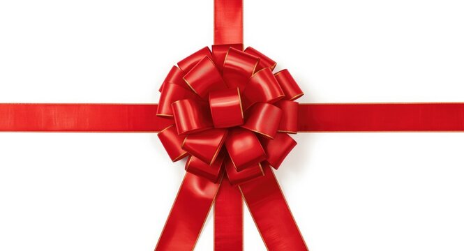 Red decorative bow embellished with bright golden silk ribbon against white