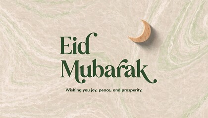 Eid Mubarak Greeting With Wooden Crescent Moon On Marble Texture