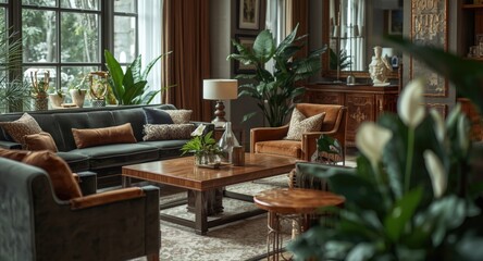 Fototapeta premium Elegant living room scene with comfortable seating, coffee table centerpiece, and indoor greenery