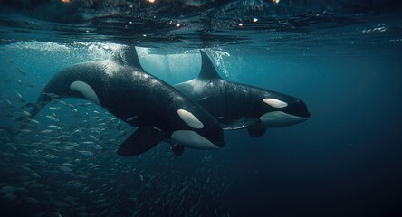 Fototapeta premium Orcas displaying hunting agility in pursuit of herrings under sea surface