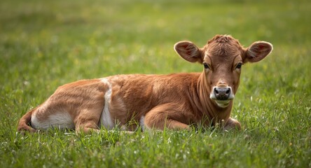 Content calf relaxing on side in fresh green grass during a warm sunny summer day full length