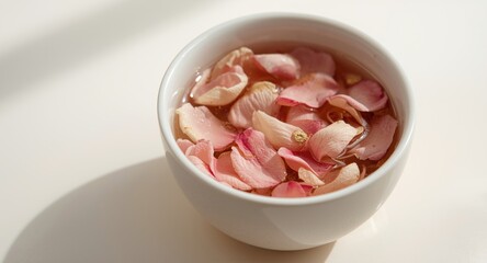 Refreshing floral tea made with rose petals in a classic white bowl