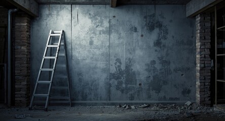 Copy space backdrop of ladder set against a textured wall at active construction site