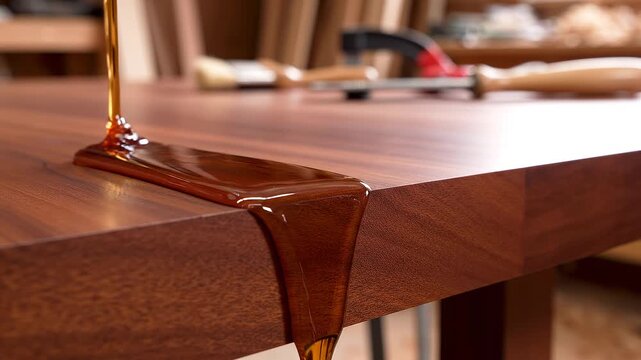 Woodworker applying brown varnish to wooden table edge in workshop with tools