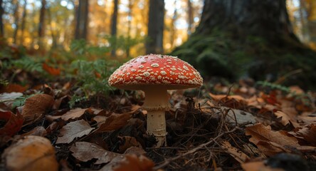 Fly agaric mushroom thriving in natural forest habitat during fall season