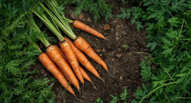 Overhead image of freshly unearthed carrots surrounded by greenery in a garden perfect for copy space