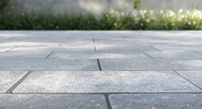 Rectangular gray paving stones showing natural texture on an uncompleted path with copy space