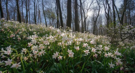 Obraz premium Spring flowers starting to bloom under snowy forest canopy