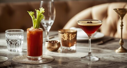 Sophisticated chilled cocktails for brunch featuring Bloody Mary and bold Espresso Martini