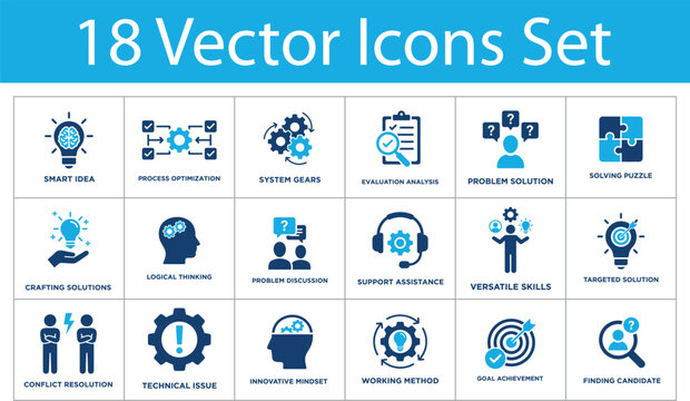 Problem solving solid icons set. Smart idea, process optimization, system gears, evaluation analysis, logical thinking. Creative solution solid icons collection