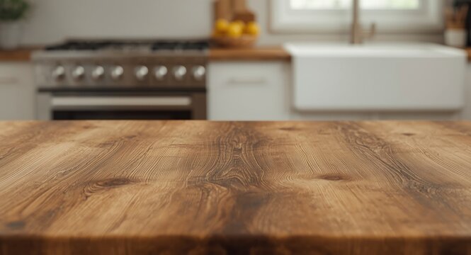 Rough textured wood table and an out of focus kitchen backdrop with electric stove and sink