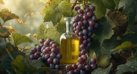Naklejka premium Grape seed oil bottle displayed with vivid grape clusters and natural leafy background