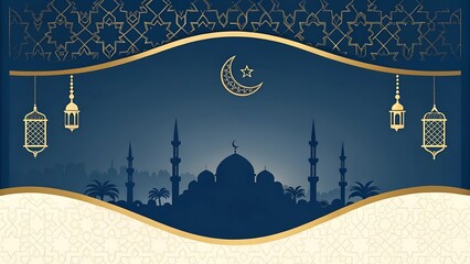 Islamic New Year or Eid background with mosque and lanterns