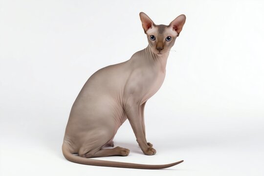 Sphynx Peterbald cat poses gracefully against a clean white background, showcasing its unique features and charming personality